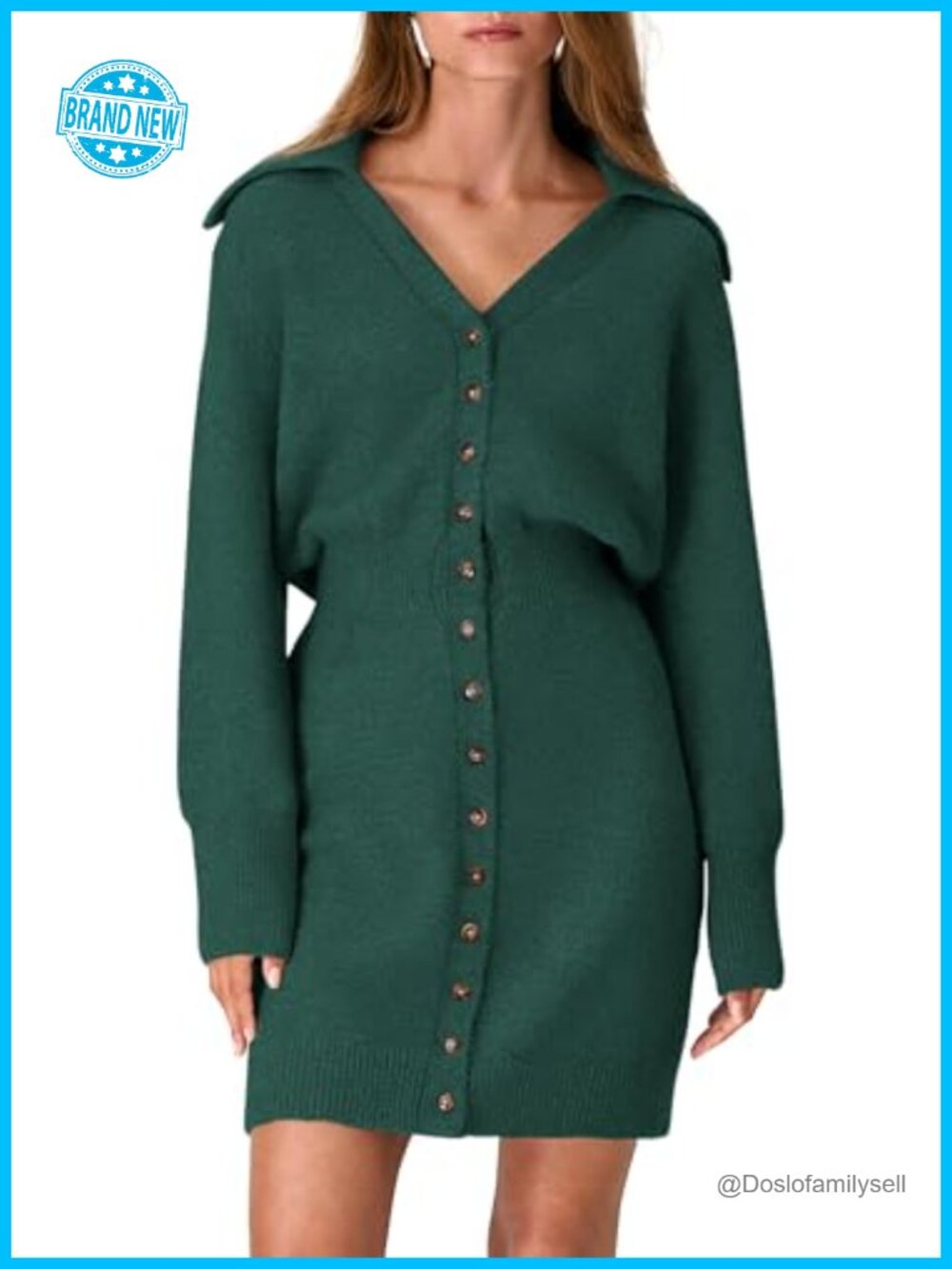 V Neck Button Down Knit Sweater Dress Long Sleeve Mini Casual Fall Winter